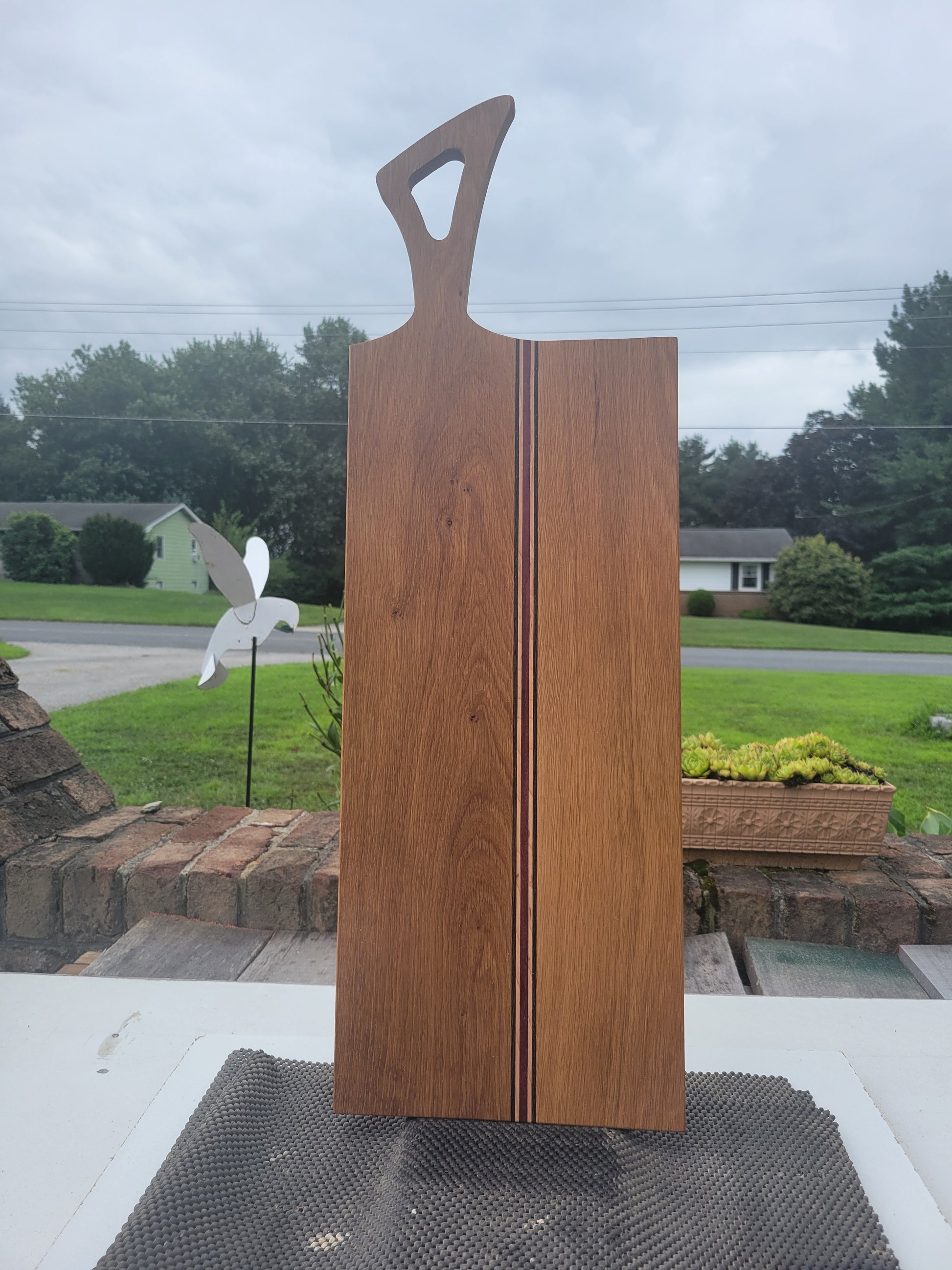 White Oak Charcuterie Board with strips of Maple, Purpleheart, and Wenge