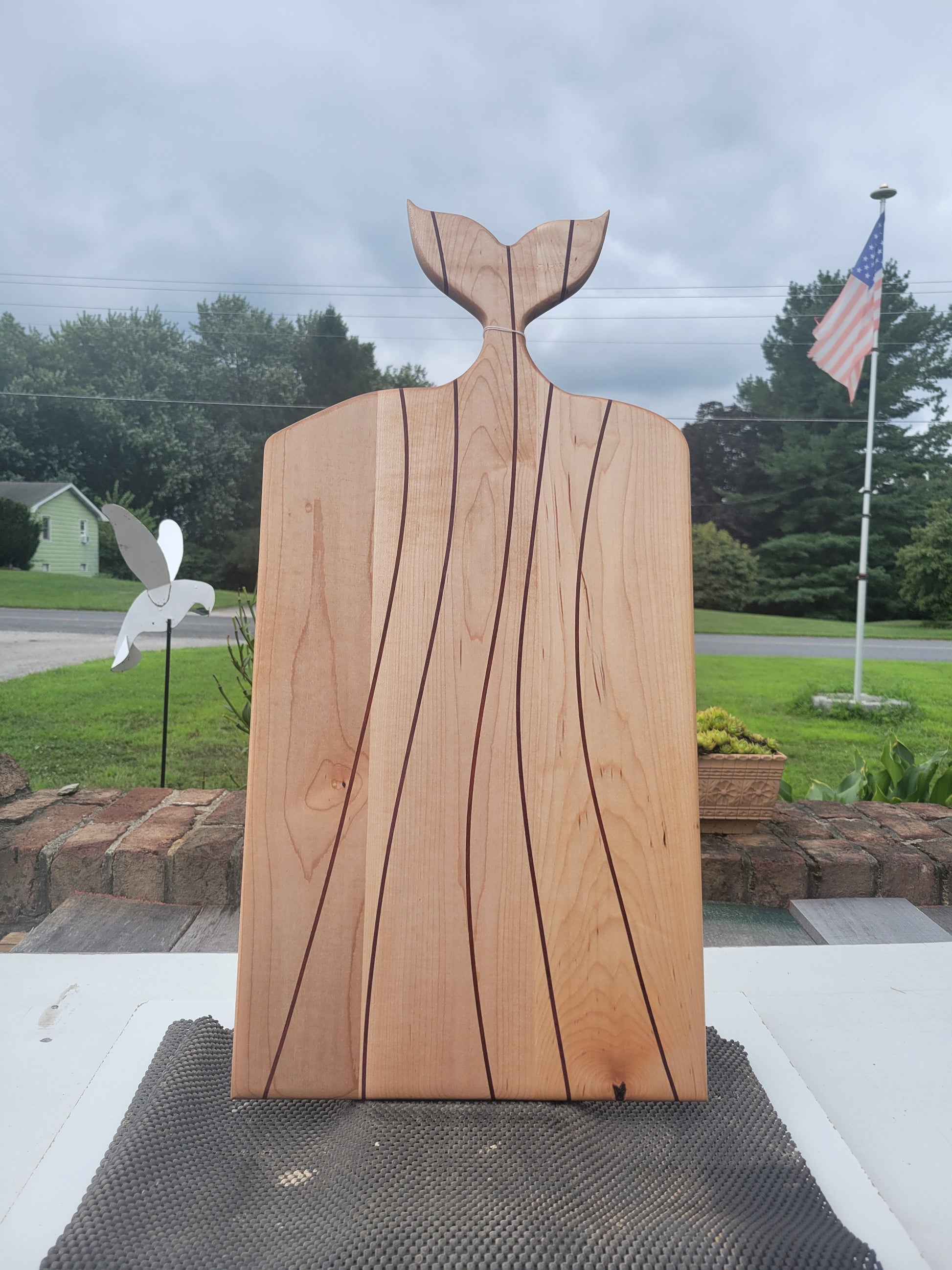 Maple Whale Tail Charcuterie Board with strips of Padauk and Purpleheart